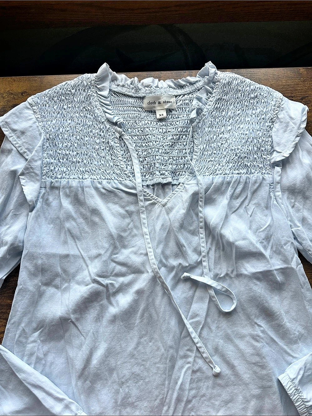 Cloth & Stone smocked peasant blouse from Anthropologie - Dusty Blue